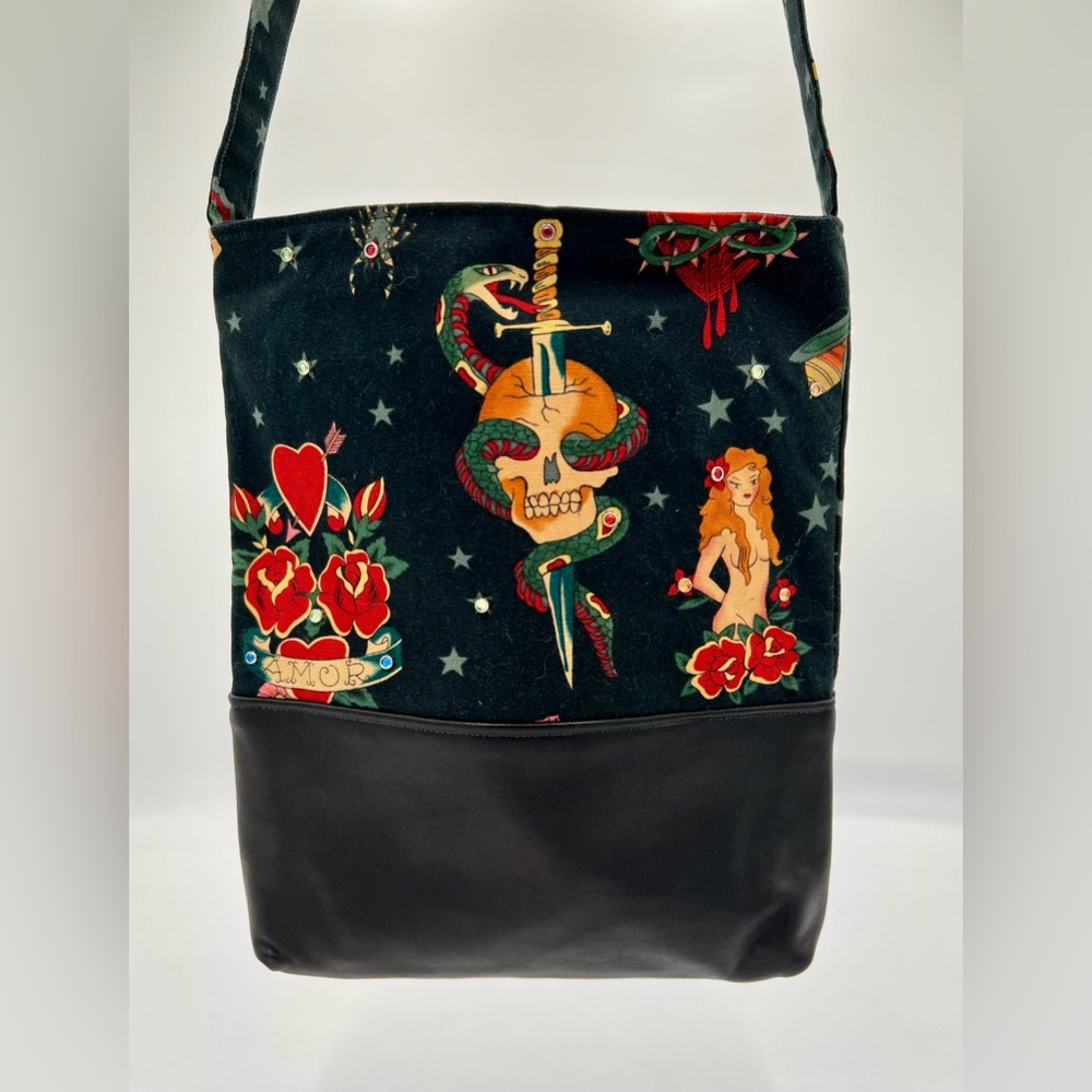 Alexander Henry “Tattoo” fabric and leather rockabilly goth crossbody bag NWOT